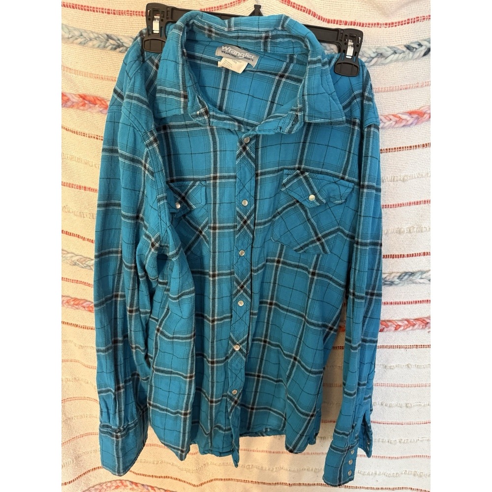Wrangler Wrancher Mens Blue Plaid Flannel Long Sleeve Snap Button Shirt Large